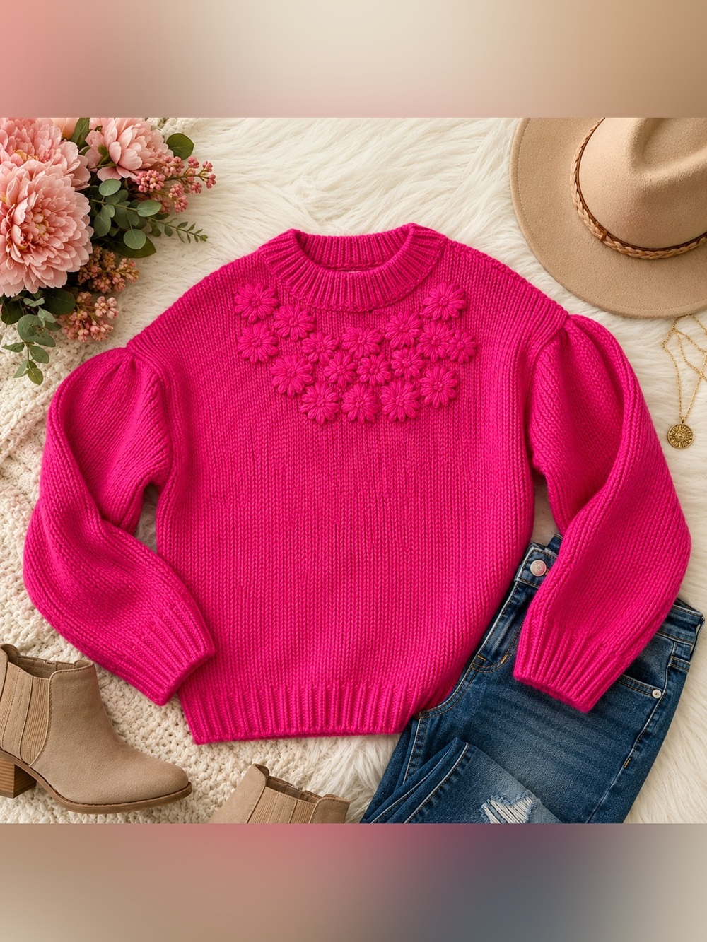 crown & ivy Bright Hot Pink Floral-Applique Crewneck Sweater